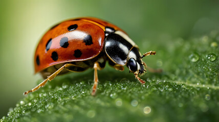 Fototapeta premium Ladybug red and black on green leaf up-close views 