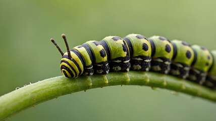 Caterpillar on green leaf, closeup of photo