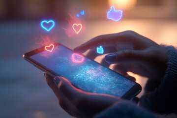 Close up of hands engaging with smartphone amidst floating holographic social media icons