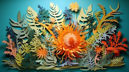 Paper cut of a tropical plant with vibrant leave, empty space in the middle, backlighting, light yellow background,generative ai illustration