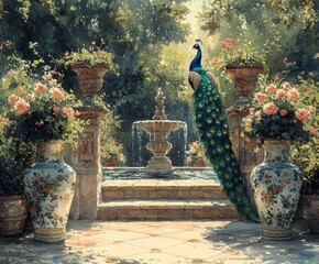 Obraz premium Peacock in Greek Garden with Fountain Temple and Lush Greenery