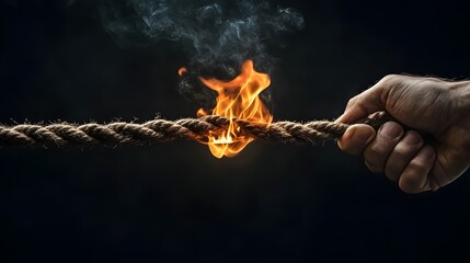 burning rope, frayed fiber, flames, hand reaching, dramatic lighting, tension, dark background, close-up, realistic, detailed texture, high contrast, cinematic, symbolism, danger, risk, breaking point