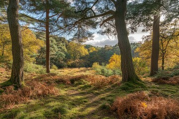 Obraz premium Beautiful forest landscape with sunlight filtering through the trees in autumn. A peaceful natural scene of green pine and oak woods in fall colors. High-resolution photography.