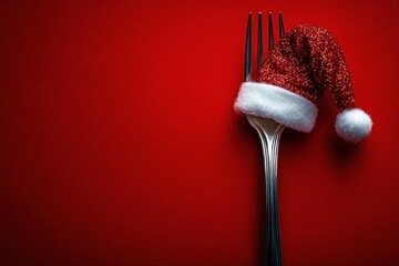 Christmas Fork Festive Santa Hat Cutlery Red Background Surrealism