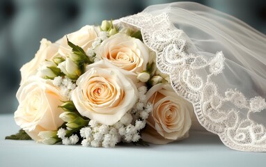 Elegant Bridal Bouquet Roses Wedding Veil Lace Closeup