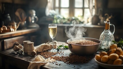 Fototapeta premium A traditional Italian kitchen table with a steaming pot of lentils, a glass of Prosecco, and New Years decorations in a rustic home