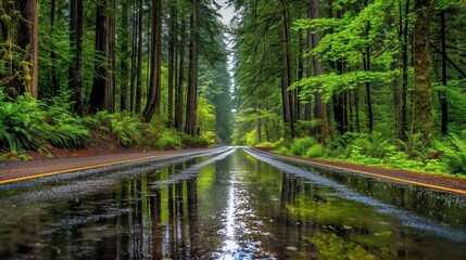 Obraz premium A tranquil road surrounded by lush green trees reflecting in puddles after rain.