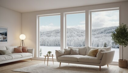 Fototapeta premium A white living room with a sofa and a window with a winter scene Scandinavian style in decorating D7