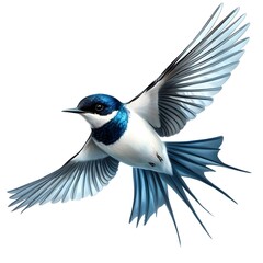 Obraz premium Hyper-detailed swallow in flight, azure and white feathers, spread wings, dynamic pose, crisp edges, photorealistic rendering, studio lighting, white background, ornithological illustration