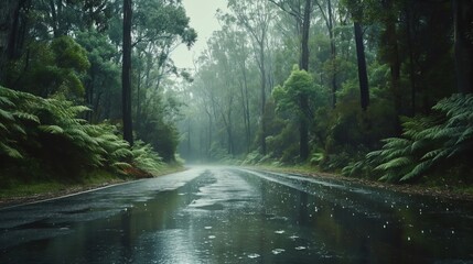 Fototapeta premium A tranquil road surrounded by lush green trees and ferns, reflecting rainwater on a misty day.