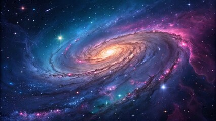 A mesmerizing view of a vibrant spiral galaxy, swirling with cosmic dust and gas against a backdrop of twinkling stars and distant nebulae.