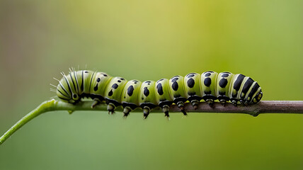Caterpillar on green leaf, closeup of photo