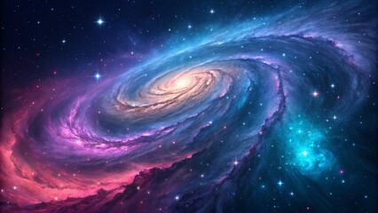A breathtaking view of a vibrant spiral galaxy, swirling with cosmic dust and gas against a backdrop of twinkling stars and distant nebulae.