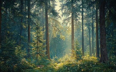 Obraz premium Beautiful forest landscape with sunlight shining through the trees in autumn. Forest path, natural background. High-resolution photo of a beautiful nature scene. Green pine and oak trees, bright color