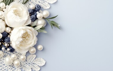 Elegant White Peonies Pearls Lace Greenery on Blue