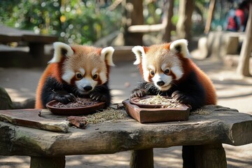Two red pandas eat snacks at rustic table.