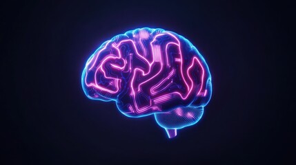 Neon brain illustration with glowing pathways on a dark background.