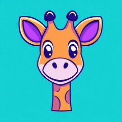 Obraz premium Cute and Cheerful Cartoon Giraffe Head with Big Eyes on Bright Blue Background, Perfect for Kids' Illustrations and Fun Designs