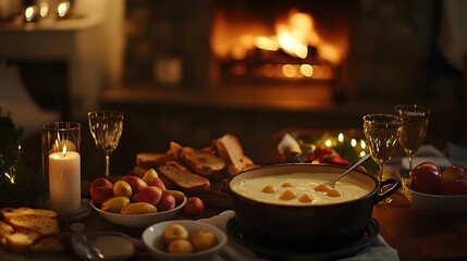 Fototapeta premium A cozy table with a bubbling pot of three cheese fondue, served with an assortment of dipping items like bread, apple slices, and roasted potatoes