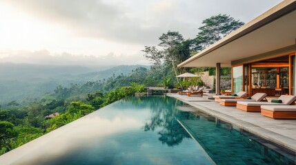 Fototapeta premium Rooftop infinity pool at a luxury hotel, offering sweeping views of the surrounding landscape and chic lounge areas
