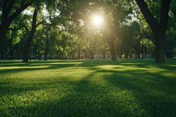 Obraz premium Beautiful green grass in the park with trees and a sunlit background, captured with a wide-angle lens.color grading, soft shadows, and a clean, sharp focus digital backdrop. This is a high-quality