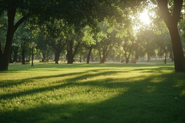 Obraz premium Beautiful green grass in the park with trees and a sunlit background, captured with a wide-angle lens.color grading, soft shadows, and a clean, sharp focus digital backdrop. This is a high-quality