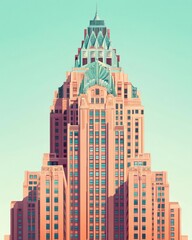 A stylized depiction of an art deco skyscraper with vibrant colors.