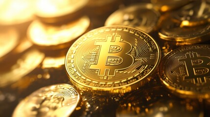 Golden Bitcoin Pile Close-Up - Cryptocurrency Wealth