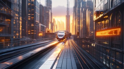 Obraz premium Futuristic City Train at Sunset - Sci-Fi Transportation