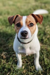 Jack Russell terrier dog runs through the grass on a sunny summer day. close up. the background is out of focus.