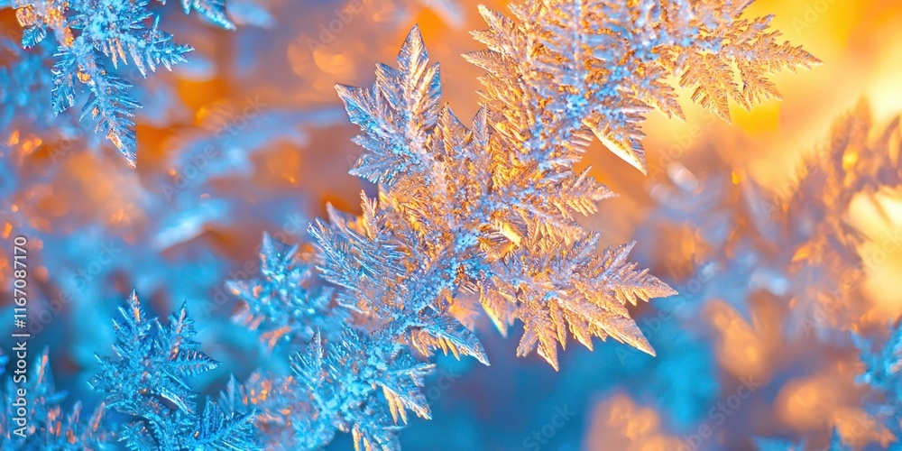 Poster Close up of a snowflake with a yellow background