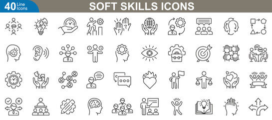 Soft skills icons set. Related communication, teamwork, adaptability, problem-solving and more symbols. simple line vector illustration.
