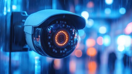 High-Tech Surveillance Camera in Cyberpunk Style with Neon Blue Lighting and Bokeh Background