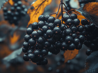 Bunch of ripe black grapes on a misty autumn day
