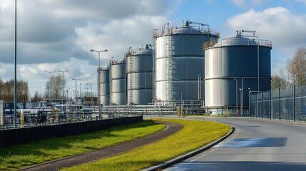 Obraz premium Rows of large LPG storage tanks in a secure industrial facility with safety barriers