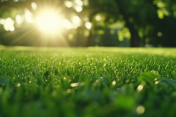 Naklejka premium Beautiful green grass in the park with trees and a sunlit background, captured with a wide-angle lens on a sunny day. The bright light and green color tone give the image a commercial photography