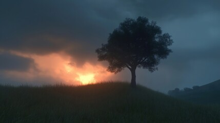 Fototapeta premium A solitary tree silhouetted against a vibrant sunset on a grassy hill.