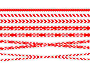 Realistic red barricade tape. Police warning line. Danger or hazard stripe. Under construction sign. Vector illustration.