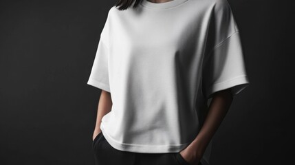 Model girl wearing a plain white mockup shirt on dark black background, moody studio lighting, sharp contrasts, expressive look, creative atmosphere, minimalistic design, refined fabric textures