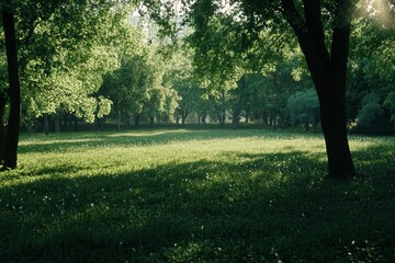 Obraz premium Beautiful green grass in the park with trees and a sunlit background. A healthy environment for fitness or outdoor activity. featuring high resolution, high quality, professional color grading, and sh