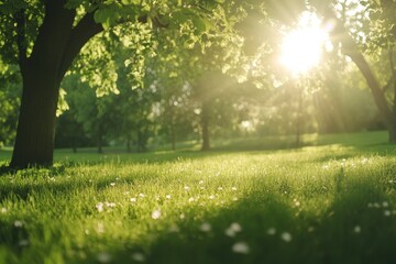 Beautiful green grass in the park with trees and a sunlit background. A healthy environment for fitness or outdoor activity. featuring high resolution, high quality, professional color grading,