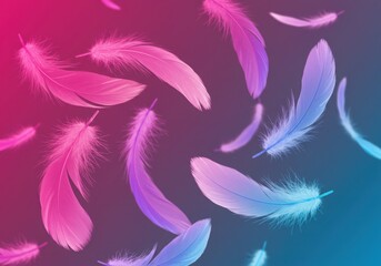 Obraz premium Bright pink feathers on a reflective surface illuminated by vibrant blue and pink lights