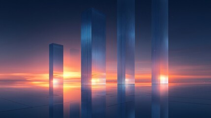 Futuristic skyscrapers reflecting in calm water at sunset.
