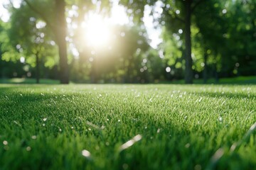 Naklejka premium Beautiful green grass in the park with trees and a sunlit background. A healthy environment for fitness or outdoor activity. featuring high resolution, high quality, professional color grading,