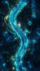 Fotobehang Bird's-eye view of a glowing electric road with crackling energy arcs and pulsating light, meandering across a dark landscape, vivid blue and green hues,  © Master old