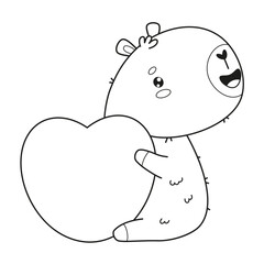 Outline enamored Capybara with big heart. Cute happy cartoon kawaii character. Line drawing, coloring book. Vector illustration. Kids collection