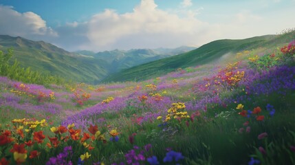 A colorful field of wildflowers in full bloom, surrounded by rolling green hills under a blue sky.