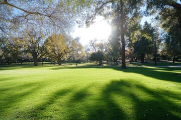 Obraz premium Beautiful green grass in the park with trees and a sunlit background. A healthy environment for fitness or outdoor activity. featuring high resolution, high quality, professional color grading,