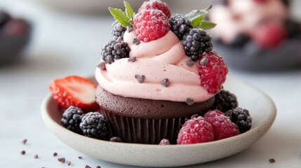 Decadent Chocolate Cupcake Topped with Sweet Berries and Cream