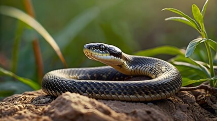 Fototapeta premium A snake, coiled on the ground, with its head raised and looking directly at the camera.